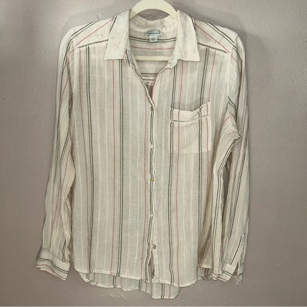 Sundance Cream and Red gauzy cotton Striped Button Down Shirt